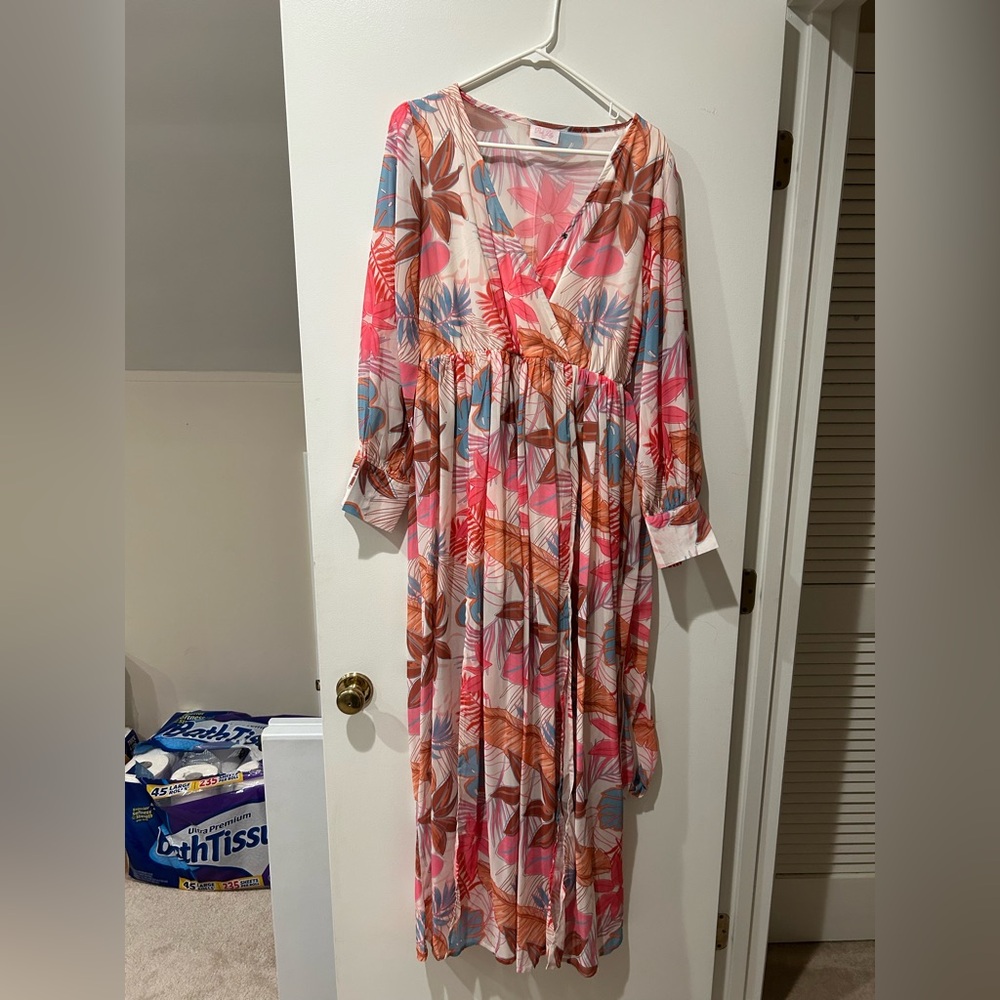 Pink Lily Floral Print Dress with Pink and Blue Accents